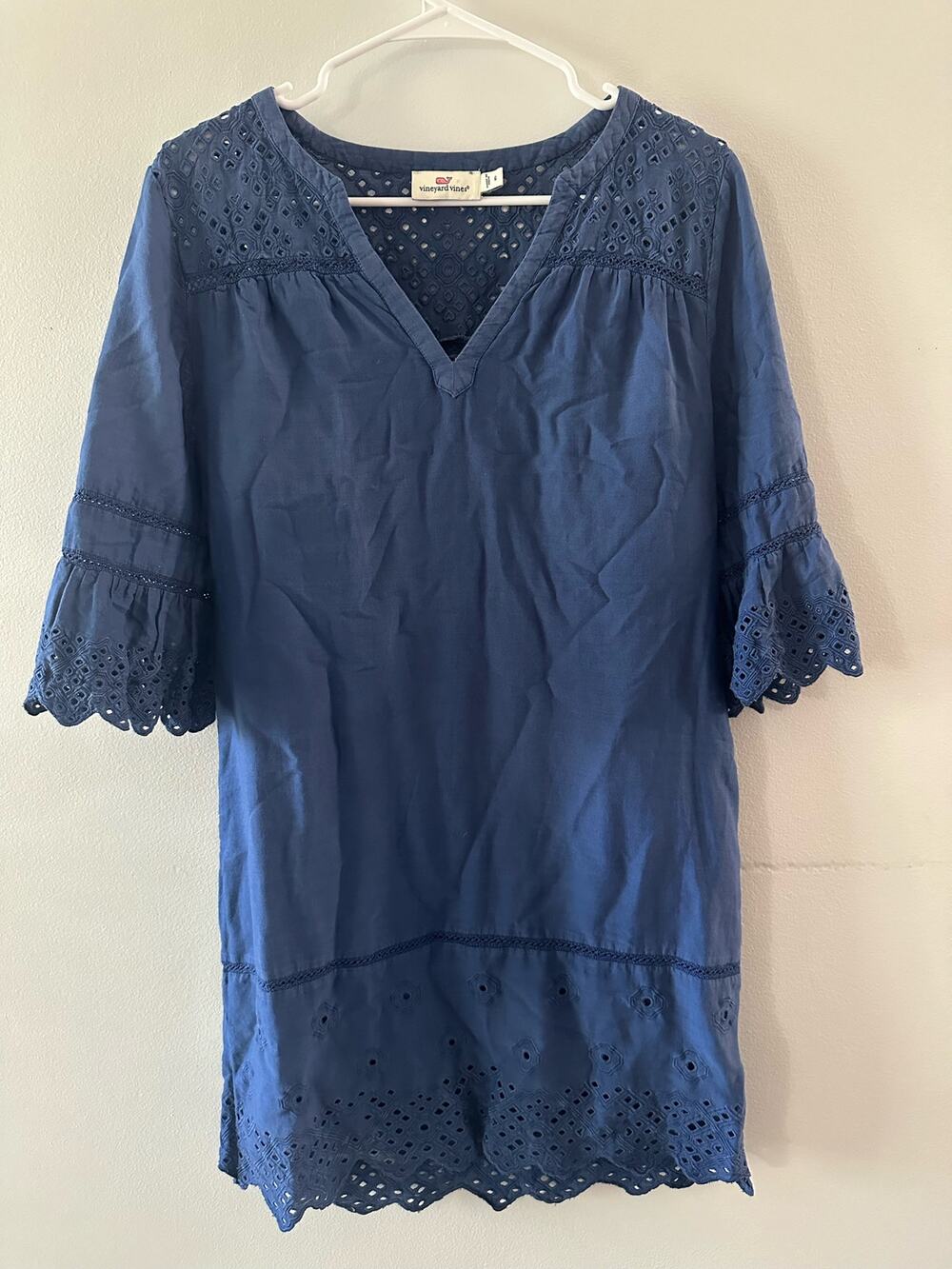 Vineyard Vines Dress Women's 6 Blue Eyelet Shift Dress Garment Dyed Cotton